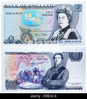 Billet de 5 livres, la reine Elizabeth II et le duc de Wellington, UK, 1988 Banque D'Images