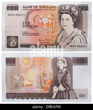 Billet de 10 livres, la reine Elizabeth II et Florence Nightingale, UK, 1988 Banque D'Images