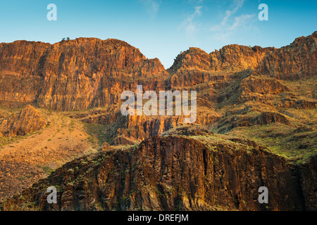 Épaisse séquence de trachyte et coulées de phonolite formant le mur est de Barranco de Fataga, Arteara, Gran Canaria Banque D'Images