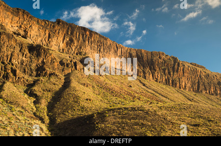 Épaisse séquence de trachyte et coulées de phonolite formant le mur est de Barranco de Fataga, Arteara, Gran Canaria Banque D'Images