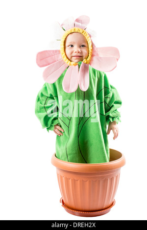 Adorable baby girl , habillés en costume de fleurs sur fond blanc La notion d'enfance et de vacances Banque D'Images