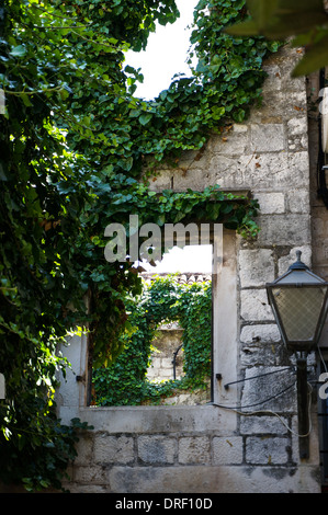 Voir à travers une fenêtre dans un ancien mur de la ville. Le mur est envahi par le lierre. photo prise à Trogir, Croatie Banque D'Images