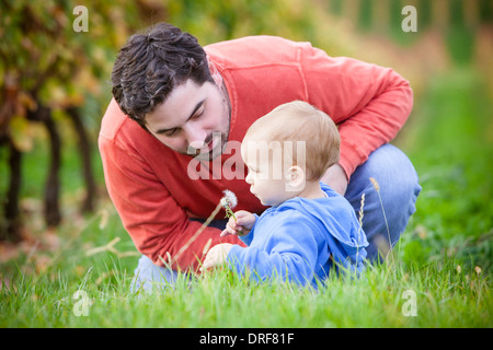 Avec Père fils assis dans l'herbe, Osijek, Croatie Banque D'Images