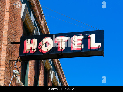 Inscrivez-vous à l'extérieur de l'hôtel Hôtel Occidental historique, Main Street, Buffalo, Wyoming, USA Banque D'Images