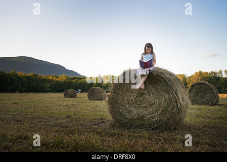 L'état de New York USA hay bales fille assise sur le dessus de la balle Banque D'Images