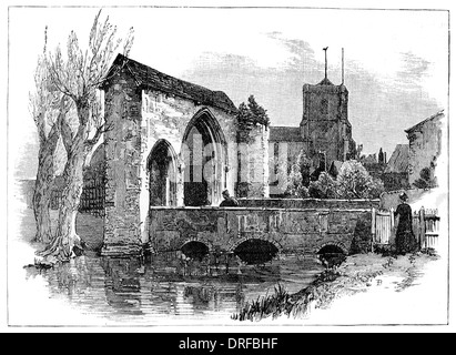 Gateway et le pont, l'abbaye de Waltham, ville de marché, Epping Forest District, comté d'Essex Banque D'Images