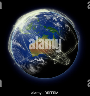 Réseau de chemins de vol sur l'Australie sur la planète Terre bleu isolé sur fond noir. Surface de la planète très détaillées. Éléments de cette image fournie par la NASA. Banque D'Images