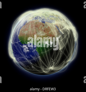 Réseau de routes aériennes au-dessus de l'Afrique sur la planète Terre bleu isolé sur fond noir. Surface de la planète très détaillées. Éléments de cette image fournie par la NASA. Banque D'Images