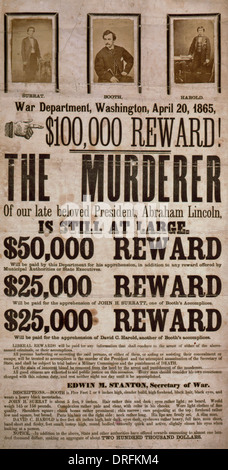 L'affiche de la récompense pour la capture de John Wilkes Booth de l'assassinat du président Abraham Lincoln Banque D'Images