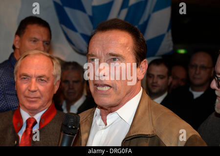 Kitzbuehel, Autriche. 24 Jan, 2014. L'ex-gouverneur et acteur Arnold Schwarzenegger pose la saucisse de veau bavaroise partie dans le Stanglwirt bar près de Kitzbuehel, Autriche, 24 janvier 2014. De nombreuses célébrités sont venus pour la descente à ski autrichien annuel course du Hahnenkamm ski worldfamous dans emplacement. Photo : Felix Hoerhager/dpa/Alamy Live News Banque D'Images