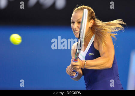 2525.01.2014 Melbourne, Australie. Dudi Sela de Slovaquie joue dans la finale femmes contre Li Na (CHN) dans la finale femmes le jour treizième de l'Open d'Australie de Melbourne Park. Li Na alimenté à la titre par un score de 7-6 (7-3) 6-0. Banque D'Images