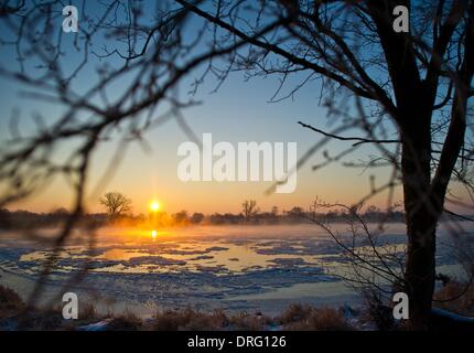 Lebus, Allemagne. 25 Jan, 2014. L'eau de frontière germano-polonaise oder cuit entre deux plaques de glace flottante pendant le lever du soleil à Lebus, Allemagne, 25 janvier 2014. La nuit dernière, les températures ont chuté jusqu'à moins 15,5 degrés Celsius dans le Brandebourg. Photo : Patrick Pleul/dpa/Alamy Live News Banque D'Images