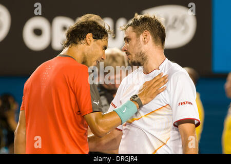 Melbourne, Victoria, Australie. 26 janvier, 2014. 26 janvier 2014 : 8ème Stanislas Wawrinka (SUI) remporte la finale chez les hommes contre des semences 1 Rafael Nadal (ESP) au jour 14 de l'Australian Open 2014 Tournoi de tennis du grand chelem à Melbourne Park, Melbourne, Australie. Bas Sydney/Cal Sport Media/Alamy Live News Banque D'Images