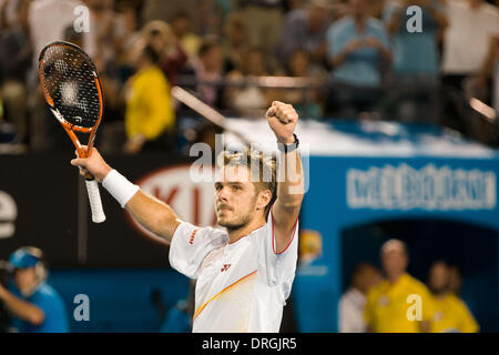 Melbourne, Victoria, Australie. 26 janvier, 2014. 26 janvier 2014 : 8ème Stanislas Wawrinka (SUI) remporte la finale chez les hommes contre des semences 1 Rafael Nadal (ESP) au jour 14 de l'Australian Open 2014 Tournoi de tennis du grand chelem à Melbourne Park, Melbourne, Australie. Bas Sydney/Cal Sport Media/Alamy Live News Banque D'Images