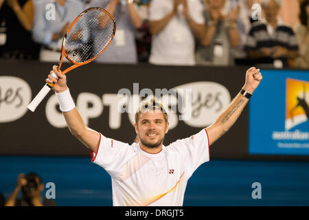 Melbourne, Victoria, Australie. 26 janvier, 2014. 26 janvier 2014 : 8ème Stanislas Wawrinka (SUI) remporte la finale chez les hommes contre des semences 1 Rafael Nadal (ESP) au jour 14 de l'Australian Open 2014 Tournoi de tennis du grand chelem à Melbourne Park, Melbourne, Australie. Bas Sydney/Cal Sport Media/Alamy Live News Banque D'Images