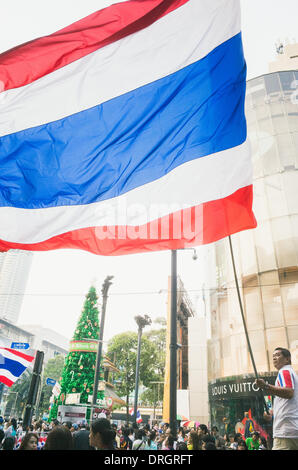 Bangkok, Thaïlande. 25 Jan, 2014. Les manifestants agitaient le drapeau de la Thaïlande au centre commercial de Bangkok, près de la jonction Ratchaprasong Banque D'Images