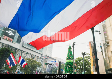 Bangkok, Thaïlande. 25 Jan, 2014. Les manifestants agitaient le drapeau de la Thaïlande au centre commercial de Bangkok, près de la jonction Ratchaprasong Banque D'Images