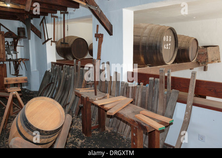 Affichage de baril la fabrication d'outils et l'équipement à l'intérieur Museo del Vino El Grifo musée dans la région viticole de la Geria, Lanzarote Banque D'Images