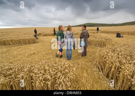 Les cercles de récolte dans les champs de blé près de Alton Barnes, Wiltshire.Ces créations s'aplatissent les cultures pour faire des modèles intéressants. Banque D'Images