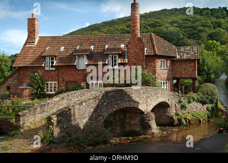 Allerford, Somerset montrant un vieux cottage et pont à cheval Banque D'Images