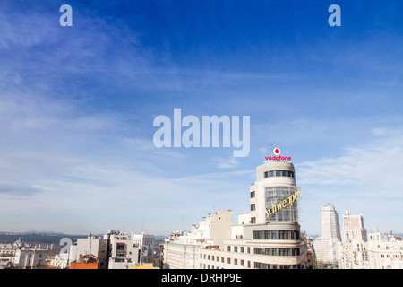 Un célèbre bâtiment de charogne (connu sous le nom de bâtiment de Capitol ou Schweppes) bâtiment situé dans la Gran Vía, la place de Callao, Madrid, Espagne Banque D'Images