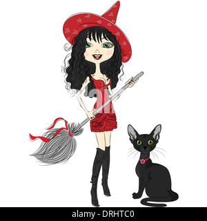 Cheerful belle fille sorcière dans red hat pointu, robe rouge, bottes noires, avec balai et Black Cat Banque D'Images