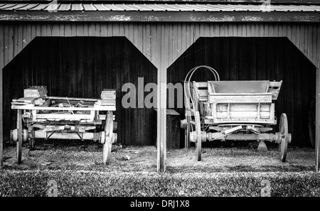 Deux vieux chariots dans un hangar à la ferme Banque D'Images