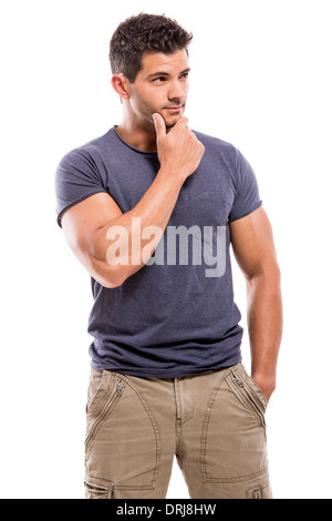 Beau l'homme avec une expression de la pensée, isolée sur fond blanc Banque D'Images