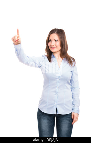 Femme d'affaires portant sur un bord de verre avec son doigt, isolé sur fond blanc Banque D'Images