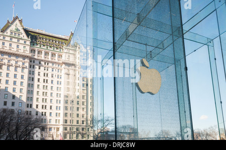 Le cube de verre fêlé du flagship store d'Apple à New York sur la Cinquième Avenue Banque D'Images