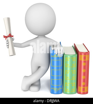 Dude la Student leaning against books holding diploma. Banque D'Images