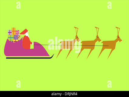 Père Noël dans son traîneau et ses rennes Banque D'Images