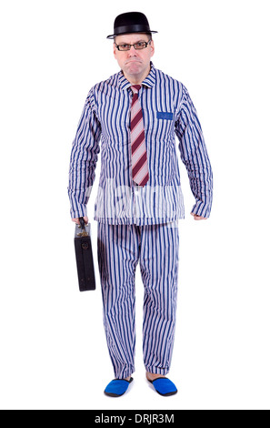 L'homme en pyjama avec suitcase Banque D'Images