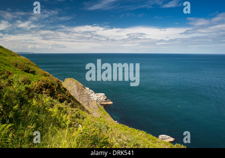 Vue vers le nord le long de la côte de la mer d'Irlande avec Howth Head visible dans le lointain, à partir de la Bray à Greystones, sentier du littoral Banque D'Images