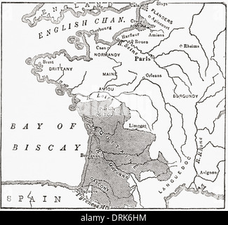 Carte montrant les dominions anglais en France à l'époque du traité de Brétigny, 1360. Banque D'Images