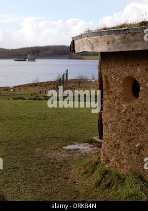 Roadford réservoir, Devon, UK avec un abri traditionnel s/n, le jubilé de diamant cadran solaire et le barrage avec tours de sortie. Banque D'Images