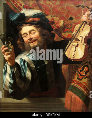 Le joyeux Fiddler (1623), huile sur toile par Gerard van Honthorst, maître néerlandais de l'âge d'or (Gerrit van Honthorst) (1592 – 1656). Banque D'Images
