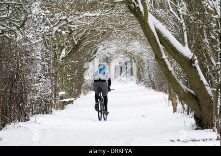 HERTFORD, UK - 21 janvier 2013 : Un cycliste se déplace sur une voie couverte de neige, Cole Green Way. Banque D'Images