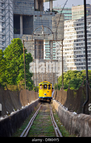 Passage du tramway de Santa Teresa Lapa arches aqueduc en vue de Rio de Janeiro centre-ville en arrière-plan, le Brésil. Banque D'Images