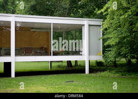 Farnsworth House, Plano, États-Unis. Architecte : Ludwig Mies van der Rohe, 1951. Vue partielle de la Farnsworth House. Banque D'Images