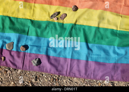 Des pierres se trouvent sur le drapeau arc-en-ciel en mémoire des homosexuels au camp de concentration de Buchenwald près de Weimar, en Allemagne. Banque D'Images