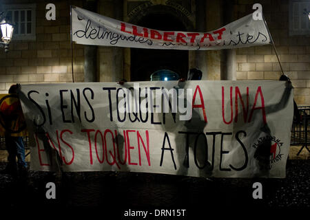 Barcelone, Espagne 29 janvier 2014- Un groupe de manifestants anti-fascistes tenir une banderole en face de Catalan Gobernment (Generalitat de Catalunya) à Barcelone pour demander la liberté d'attaquer accusation retenue en vertu de l'extrême-droite. Crédit : Jordi Boixareu/Alamy Live News Banque D'Images