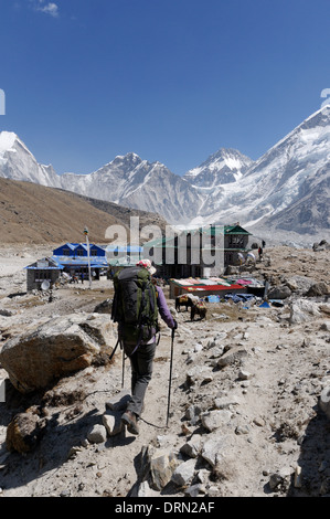 Une dame trekker arrivant à Gorak Shep, le dernier point sur le camp de base de l'Everest trek, au Népal Banque D'Images