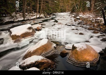 Rimed rochers dans la glace congelée South Fork Snoqualmie River dans le mont Baker-Snoqualmie National Forest. Banque D'Images