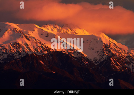 Lever et alpenglow sur Kaikoura Seaward Kaikoura, plages, île du Sud, Nouvelle-Zélande Banque D'Images