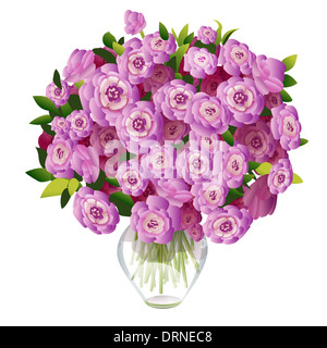 Bouquet de fleurs roses dans un vase en verre sur un fond blanc Banque D'Images