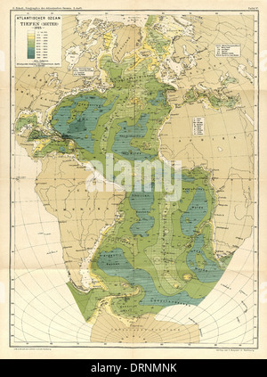 Carte de l'océan Atlantique à partir de das Atlantischen Ozeans géographique publié en 1925 par l'océanographe Allemand Gerhard Schott. La carte montre les principales caractéristiques et la topographie. Banque D'Images