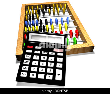 La calculatrice se trouve sur des comptes sur un fond blanc Banque D'Images
