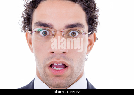 De grands yeux surpris avec des lunettes d'homme d'ouvrir Banque D'Images