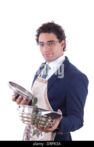 L'homme en costume avec un tablier, tenant une casserole Banque D'Images